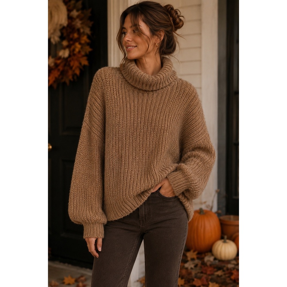 Apt. 9 Womens XL Metallic Shaker Knit Turtleneck Sweater Camel Brown Oversized